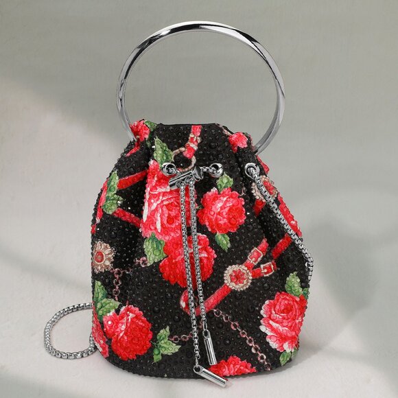 Blooming Rose Rhinestone Bling Beaded Small Round Handle Bucket Crossbody Bag - Picture 1 of 10